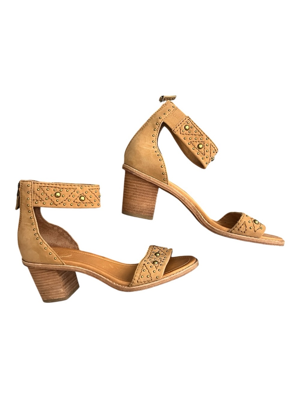 Frye Brielle Studded Deco Wood Leather Ankle Strap Sandal Heels